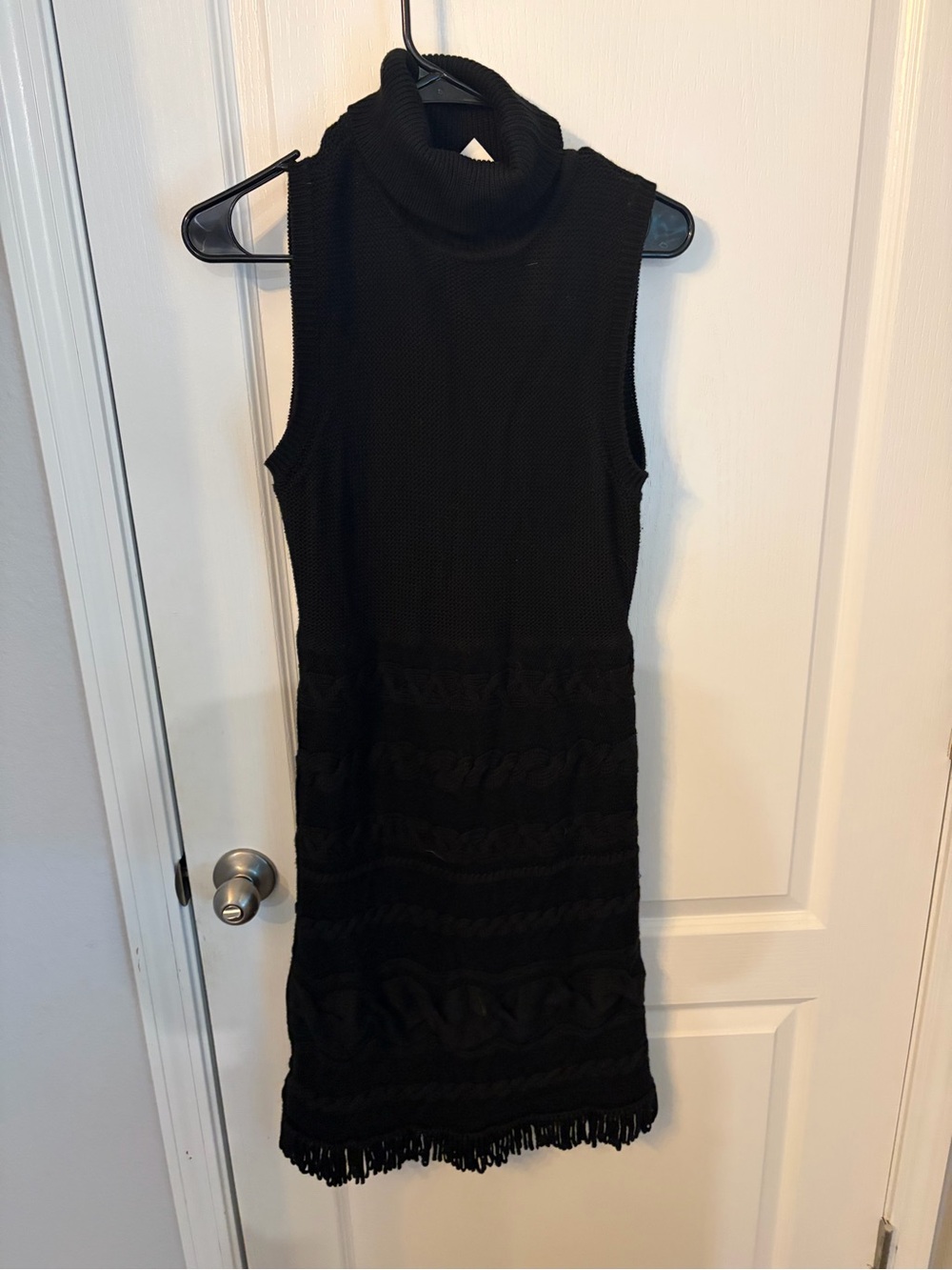 Calvin Klein Sleeveless Black Turtleneck Midi Dress with Fringe Hem